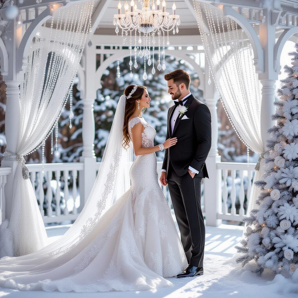 Elegant Wedding Scene with Snowflake Christmas Tree