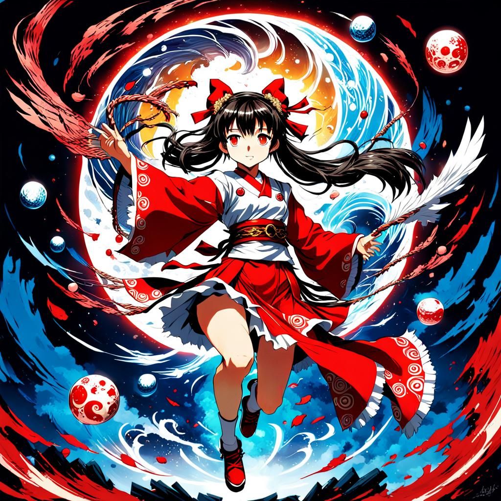 Reimu Hakurei Soaring into Battle: Manga Style
