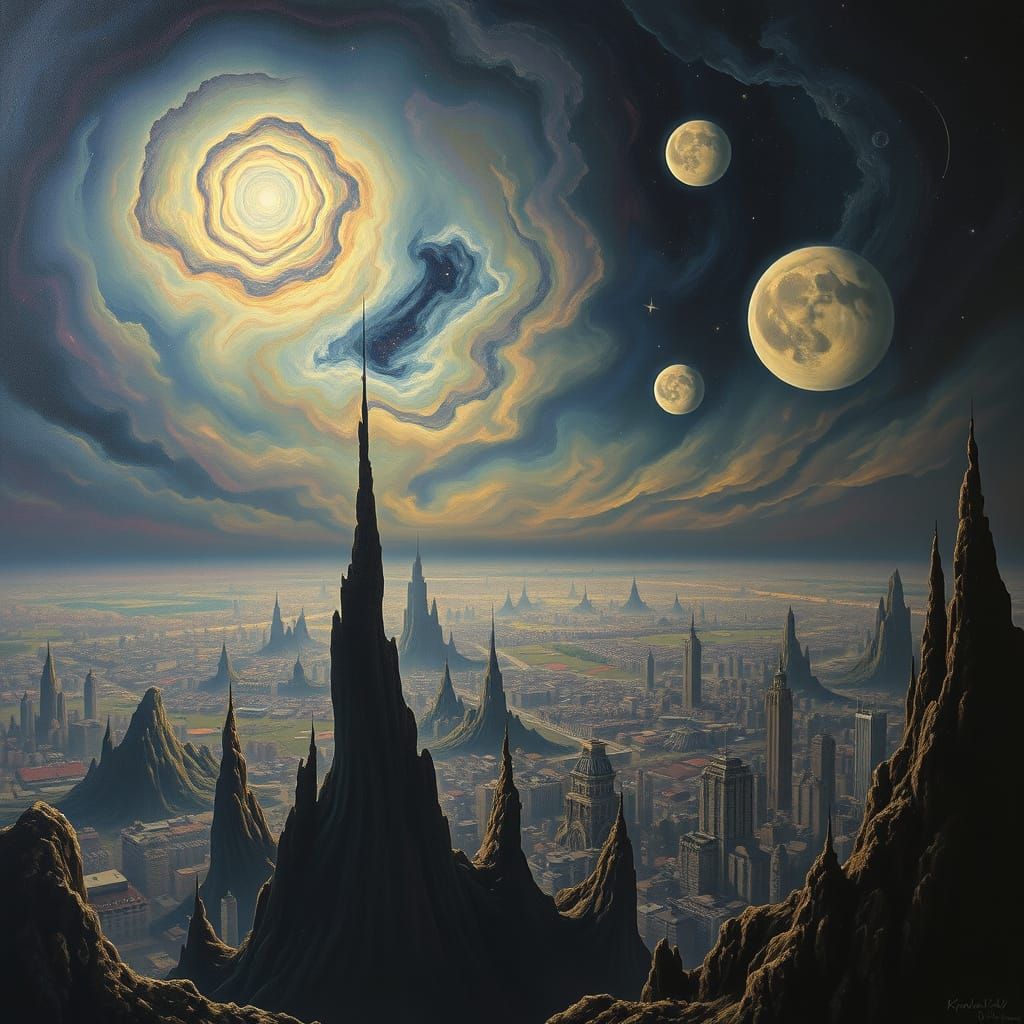 Surreal Cityscape Under Nebula Sky in Oil Painting Style