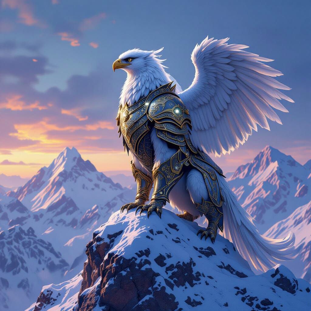 Armored Griffin on Snowy Peak, Digital Art