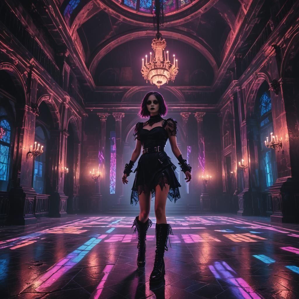 Gothic Girl in Dark Castle with Synthwave Neon Retro Style