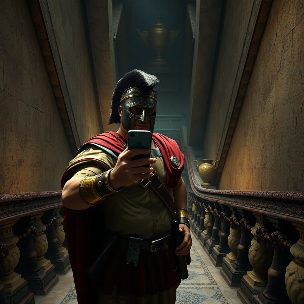 Roman Soldier Descends Imperial Senate Stairs with Golden Va...