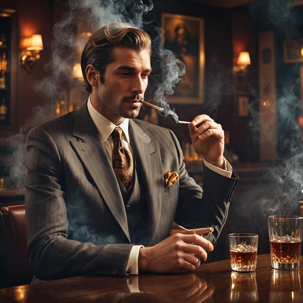Handsome man, dressed in a pin striped suit, smoking a cigarette, the smoke billowing around his head, seated at a bar w...