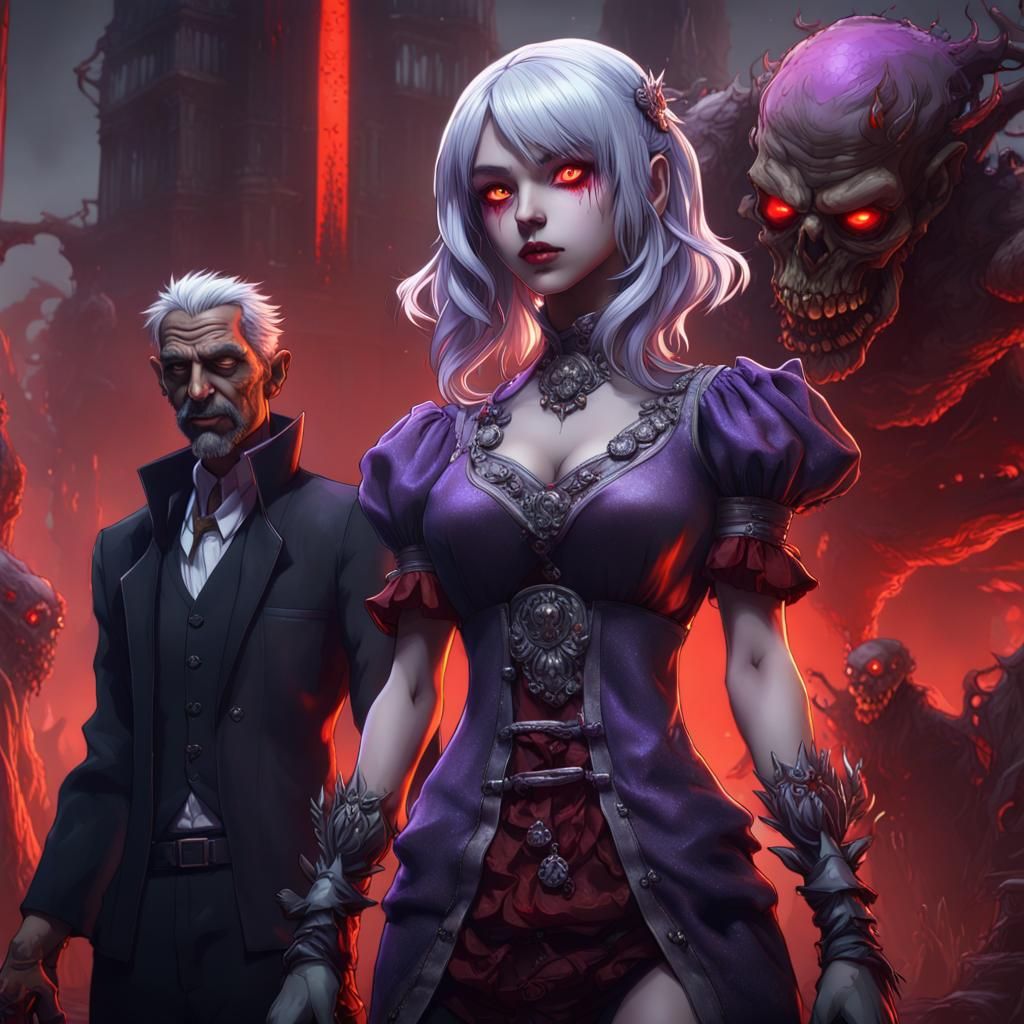 Anime Villain Girl with Zombie, Dark Fantasy Art