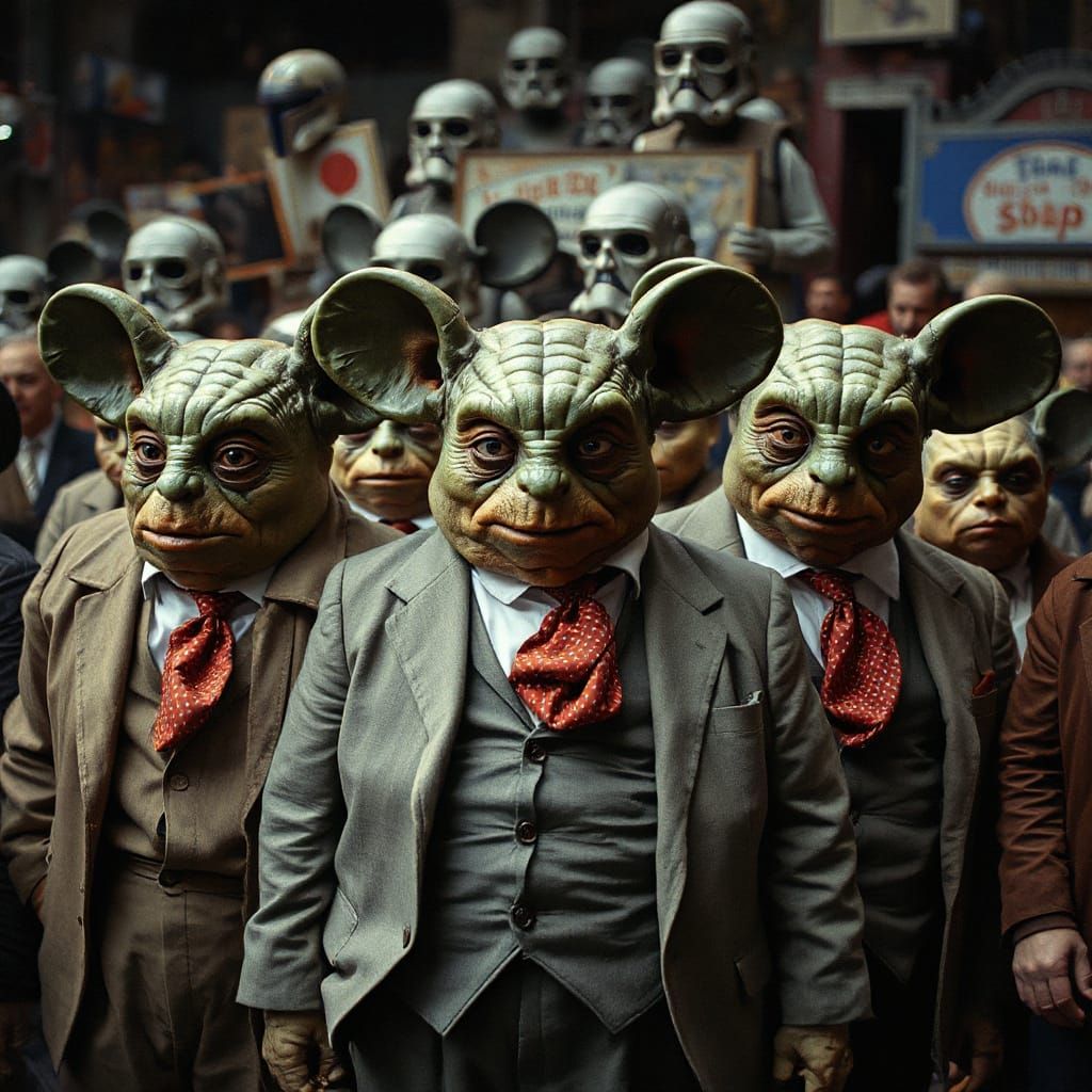 Grotesque Mickey Yoda Creatures in Street Photography Style