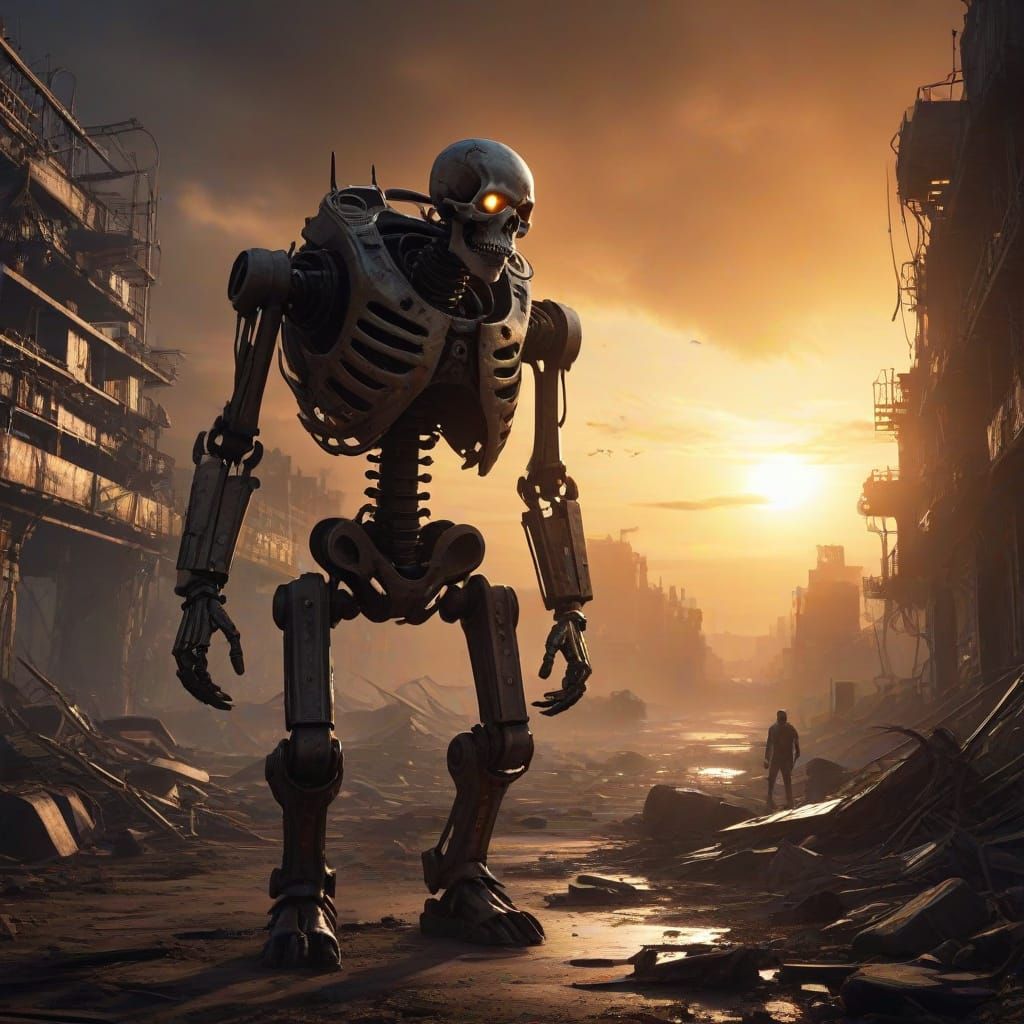 Post-Apocalyptic Explorer in Ruined Metropolis