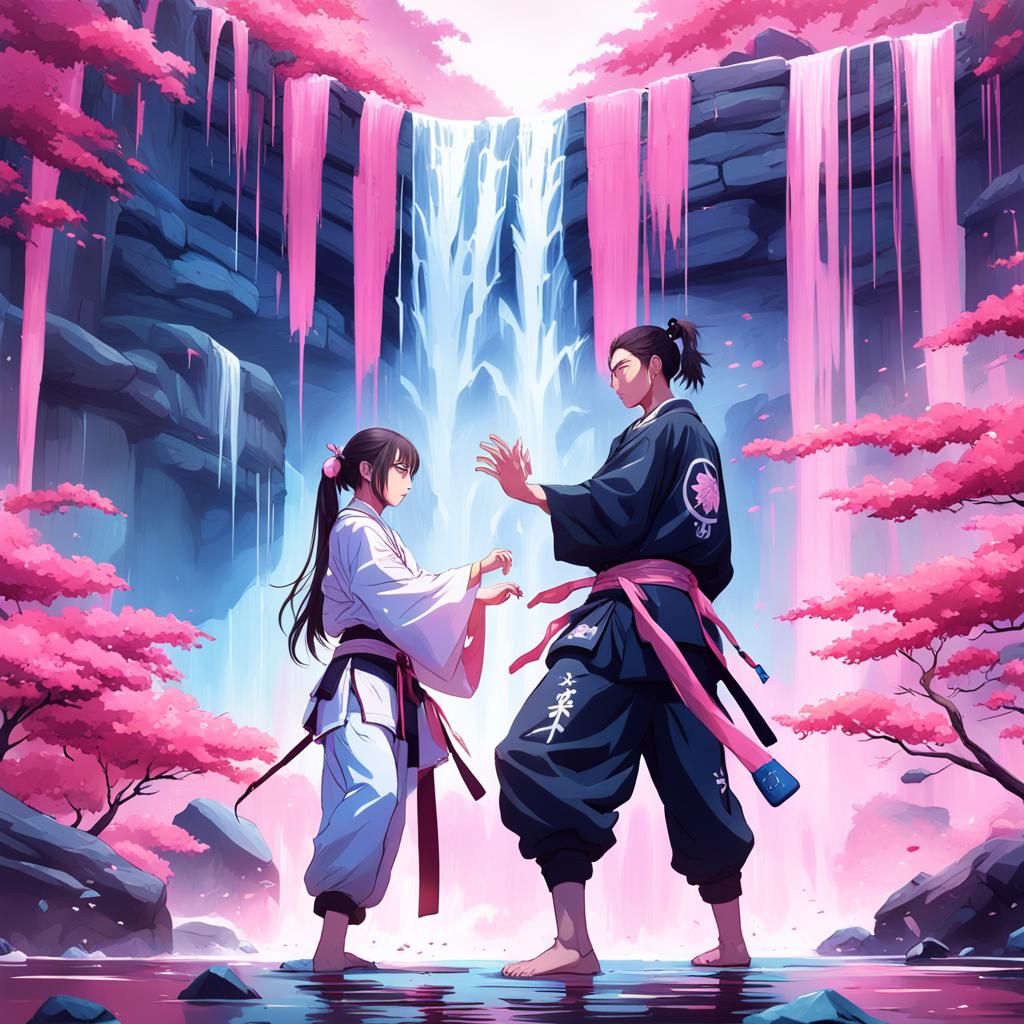 Martial Arts Training Under Pink Waterfall, Anime Style
