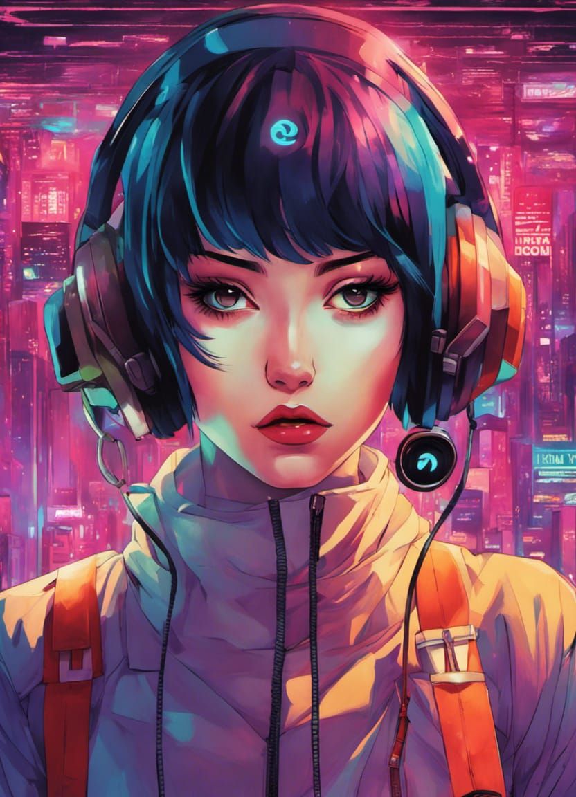 Anime Hacker Girl in Neon Cityscape