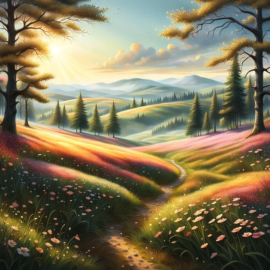 Golden Hour Meadows: A Digital Matte Painting