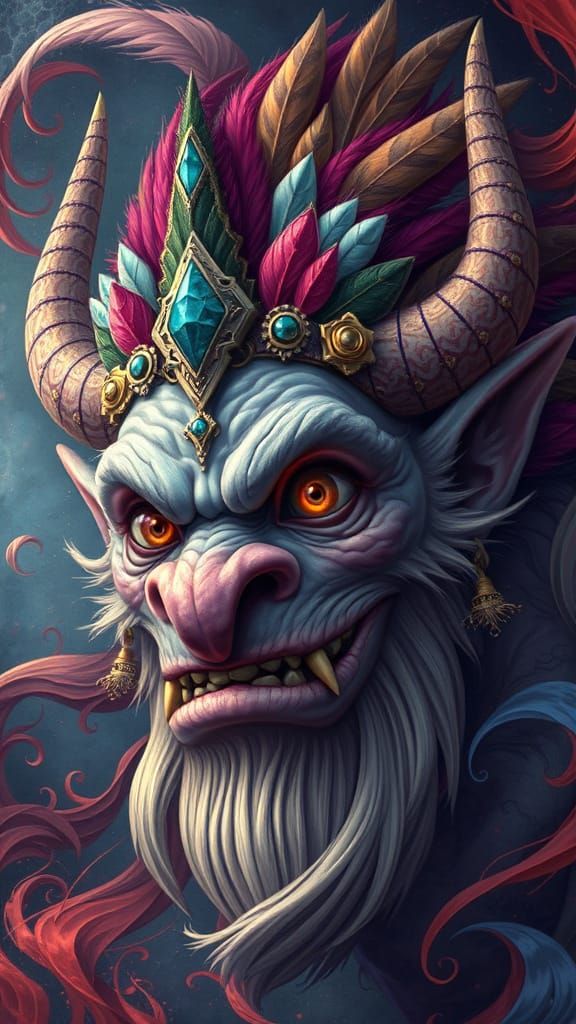 A mythical troll creature with horns and a detailed, ornate headdress gazes with piercing eyes, surrounded by an array o...