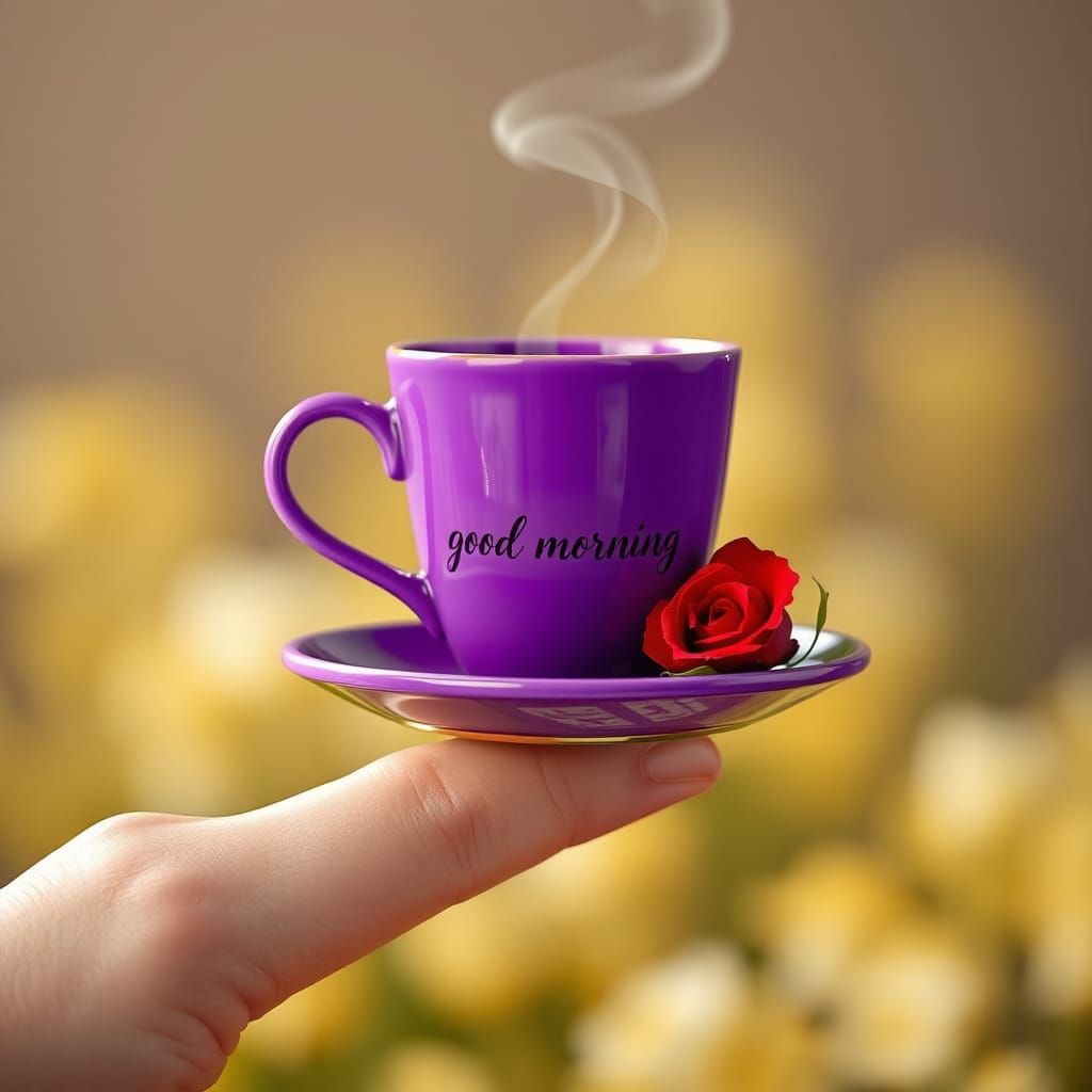 Purple Coffee Cup on Finger in Hyperrealism