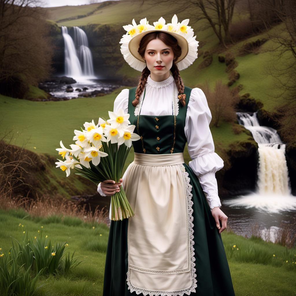 Welsh Woman in National Costume with Daffodils
