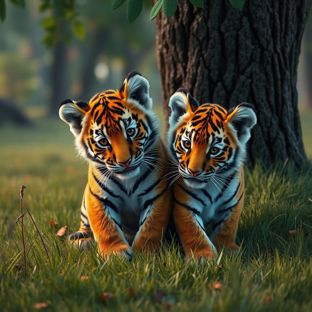Tiger Cubs Playing in Forest Clearing, Hyperrealistic Style