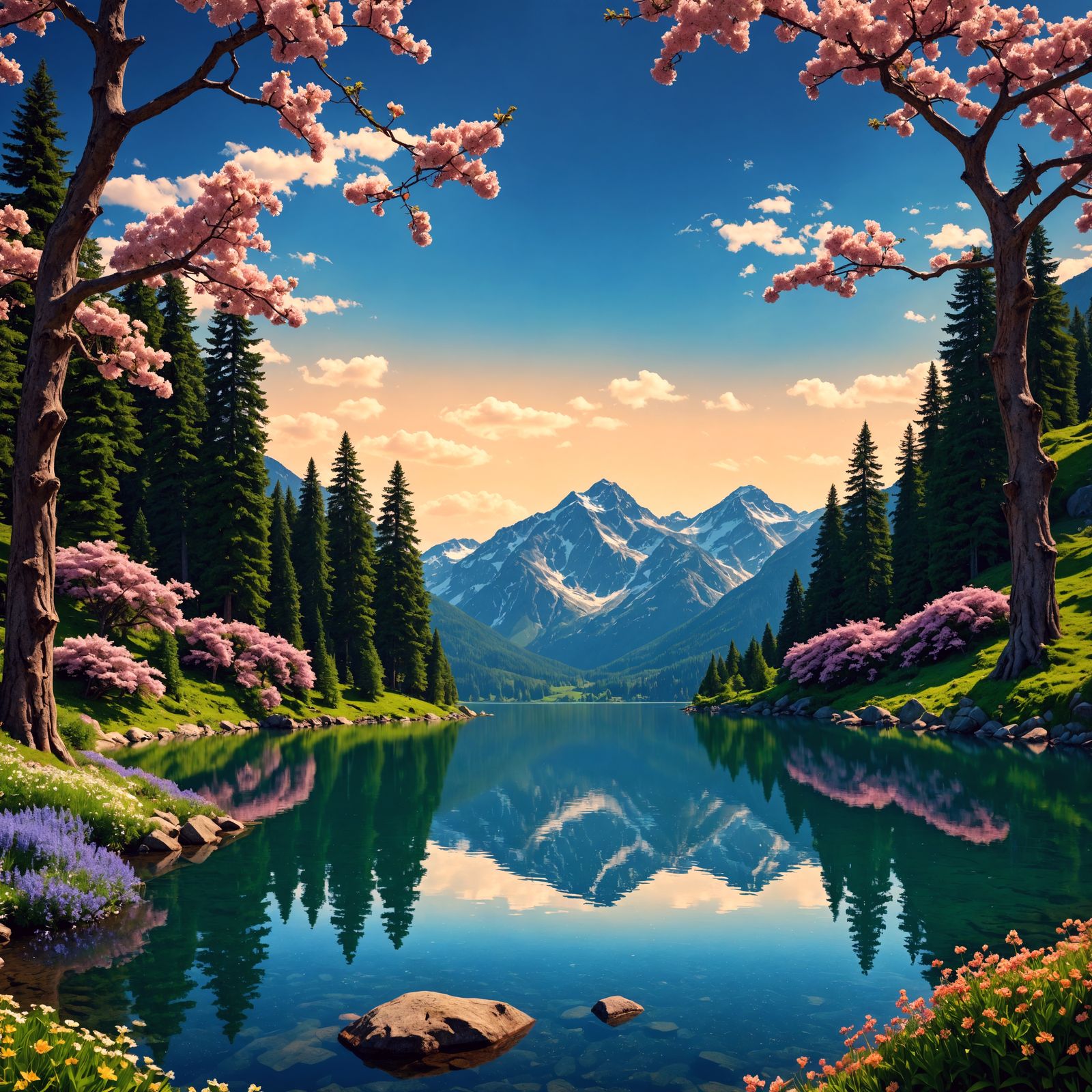Hyperrealistic Mountain Lake with Floral Accents