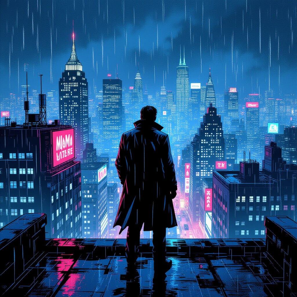 Lone Figure on Rooftop Overlooking Neon Cityscape