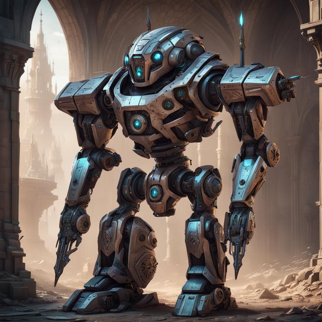 Medieval robot with futuristic weapons, strange armor 8k resolution concept art intricate mech details, ground level sho...