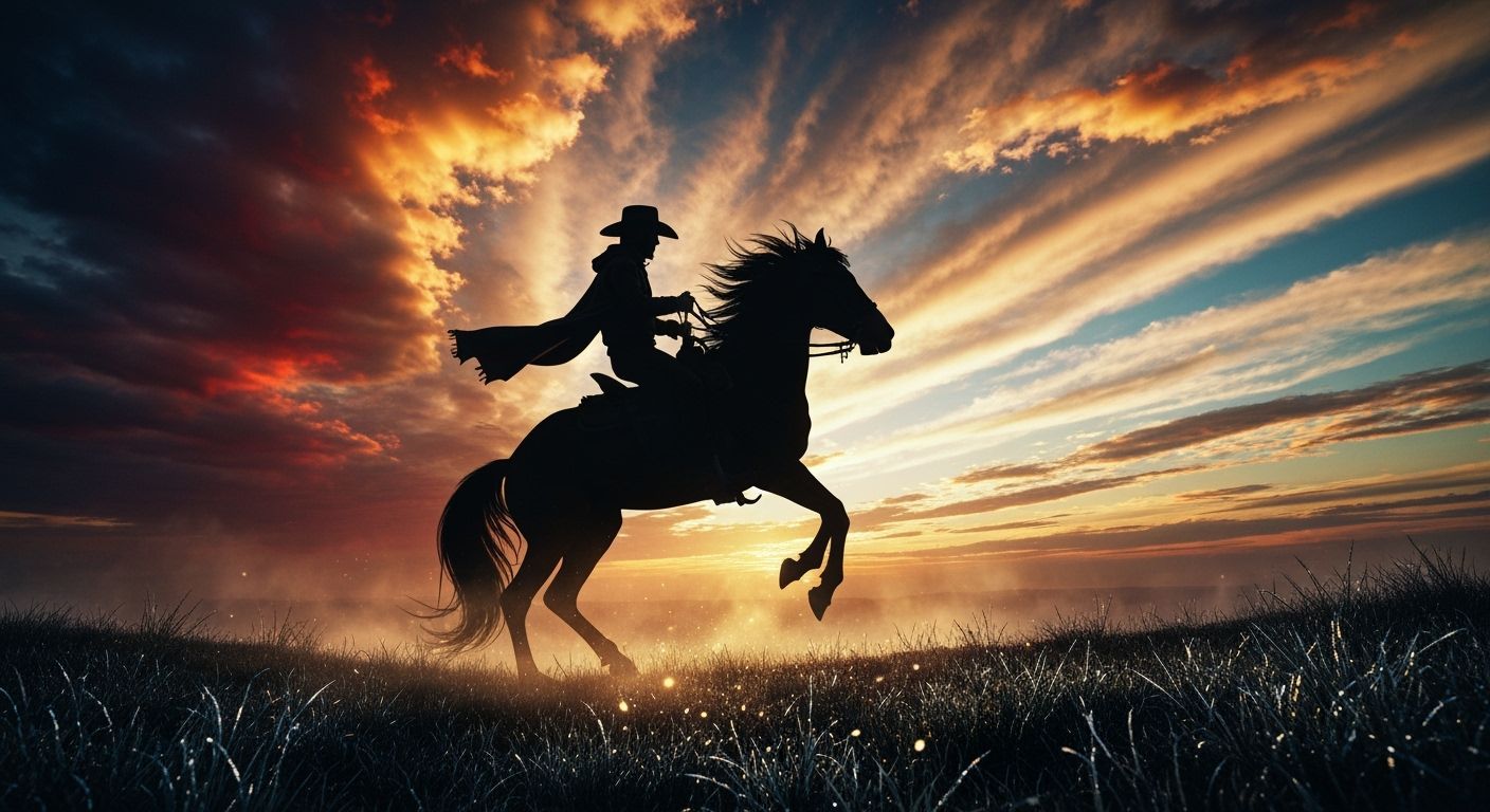 Cowboy on Rearing Horse Against Dramatic Sunset