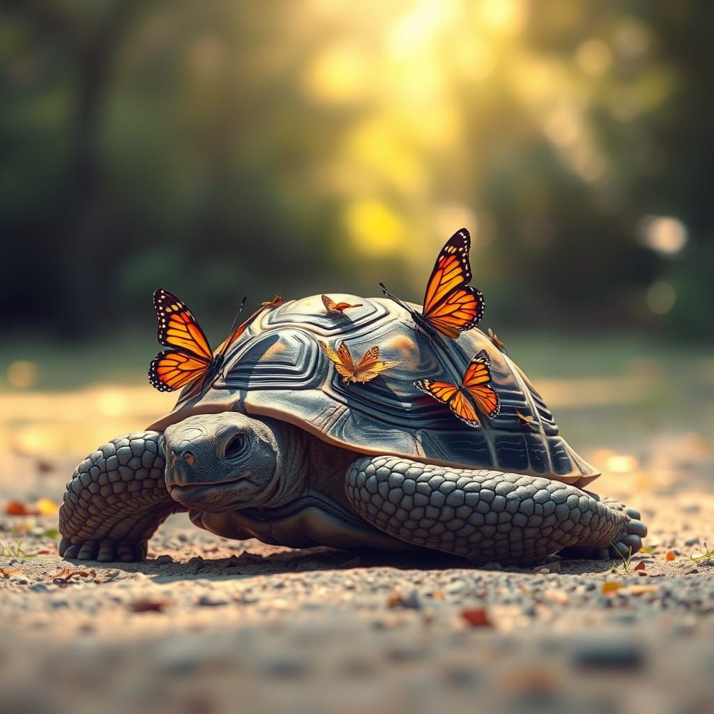 Vibrant Tortoise with Butterflies in Photorealistic Style