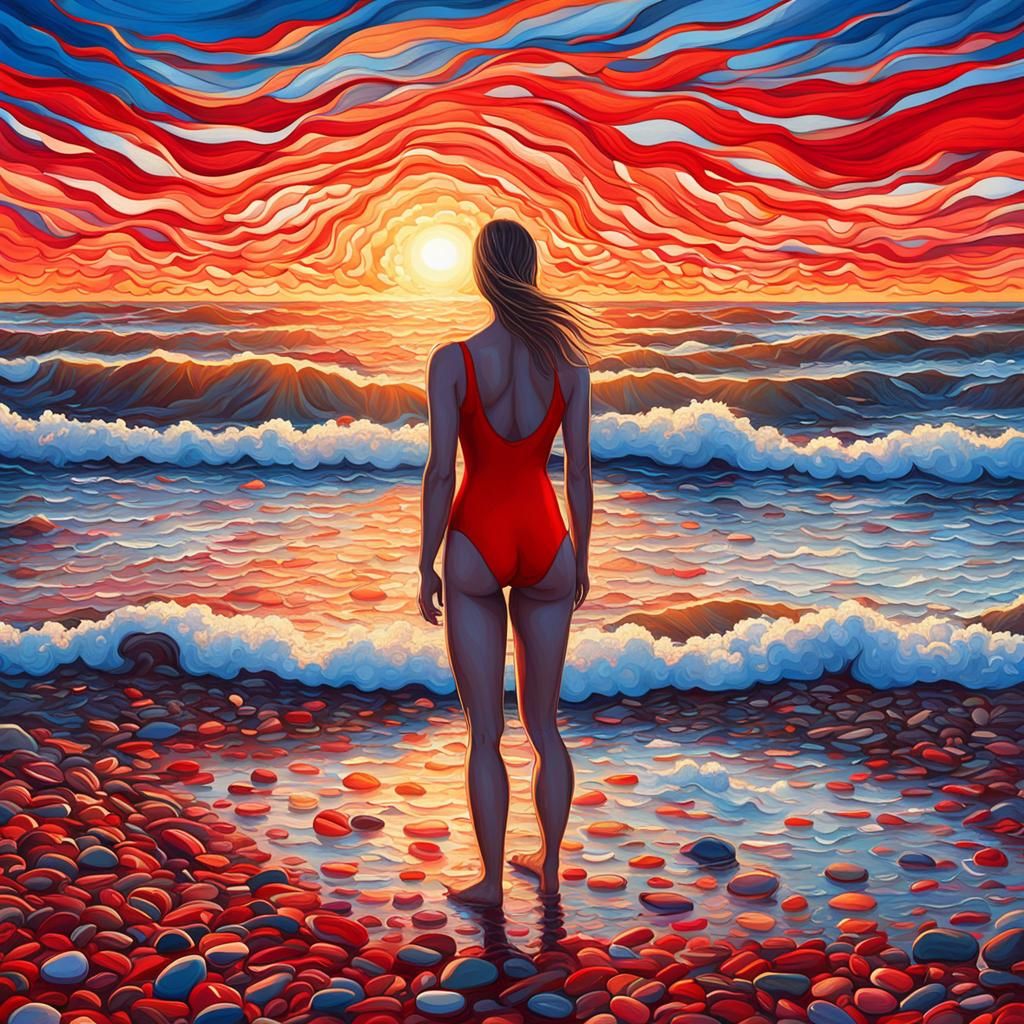 Surreal Woman in Red at Sunrise: Vibrant Surrealism