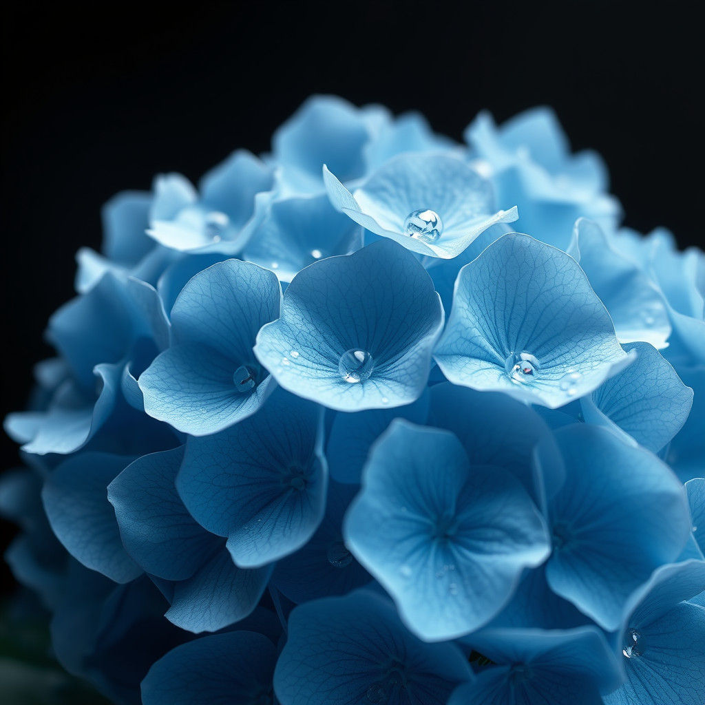 Blue Hydrangea with Glistening Water Droplets in Fantasy Sty...