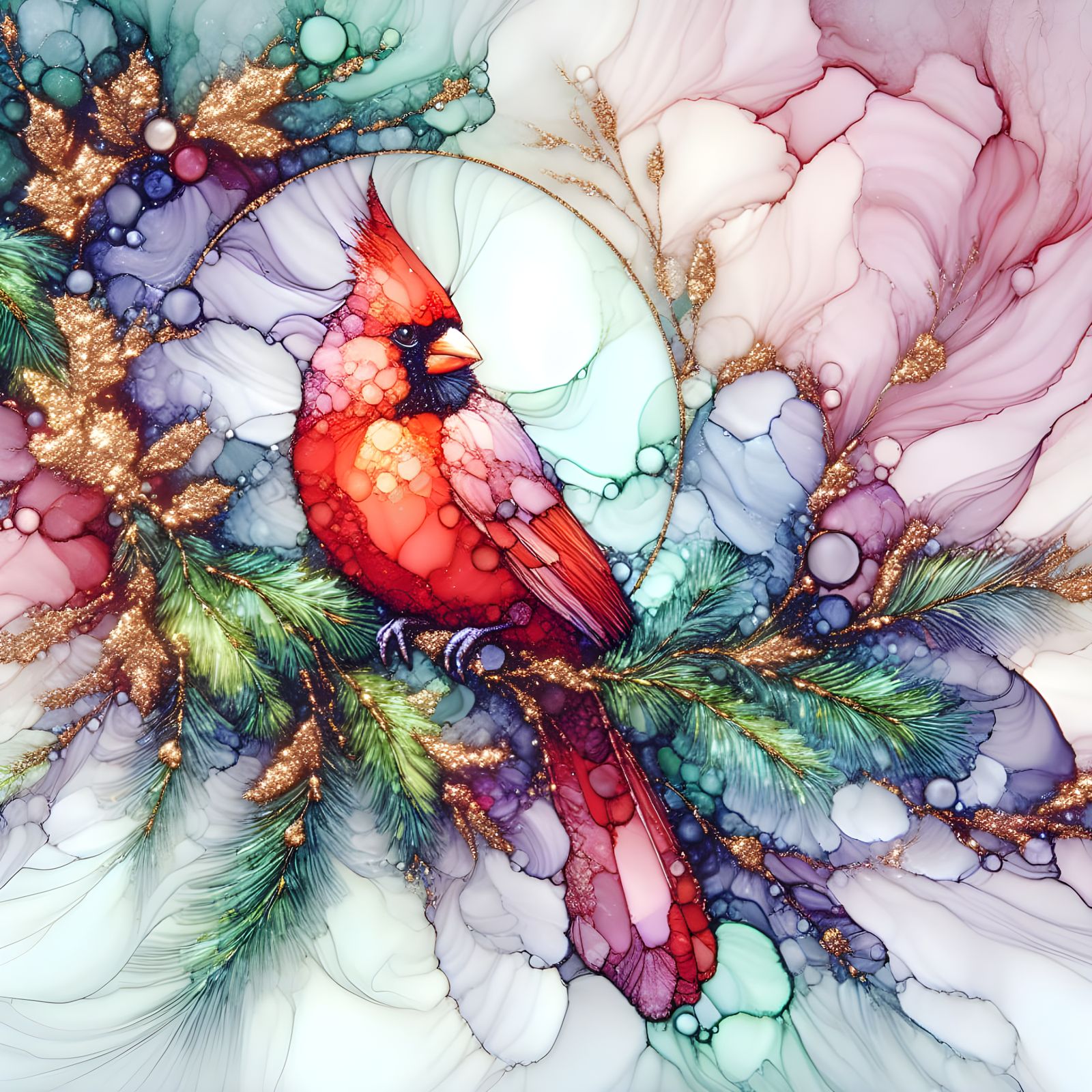 Vibrant Cardinal in Stained Glass Forest, in Alcohol Ink Sty...