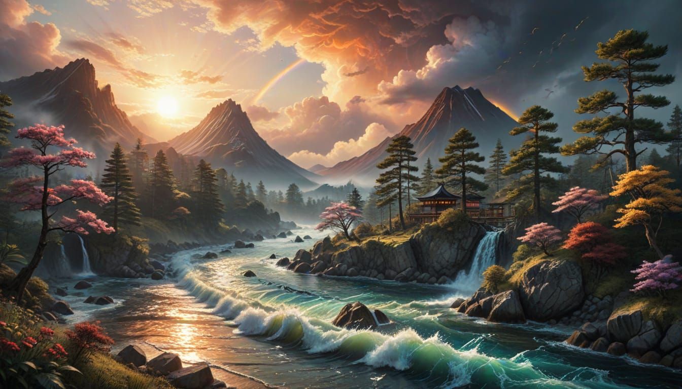 Epic Japanese Sunset with Rainbow and River in Gritty Waterc...