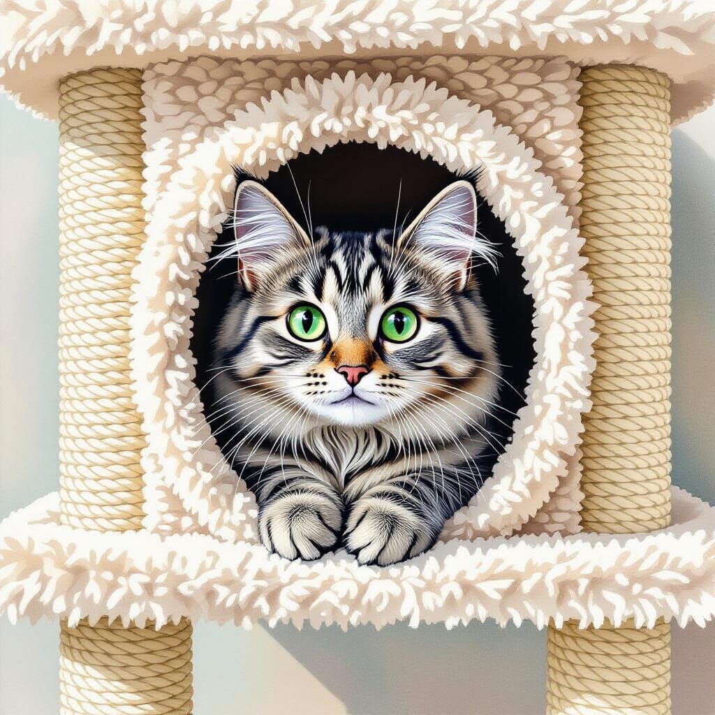 Cute Grey Cat Peeking from Cat Tree Cubby, Watercolor Style