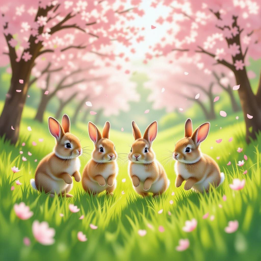Adorable Rabbits in Spring Grove with Blossoms
