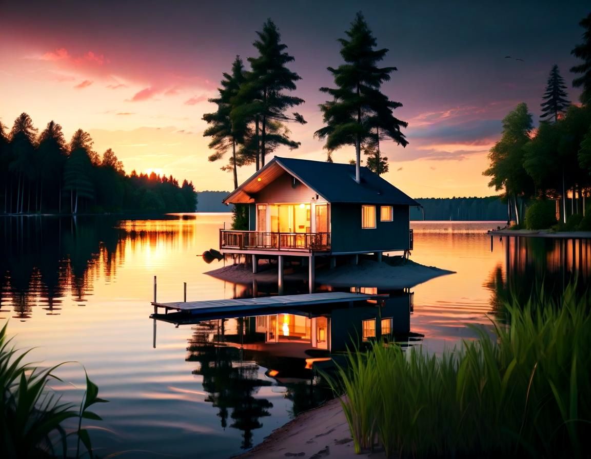 Bungalow on Lake at Sunset: Summer Beach Scene