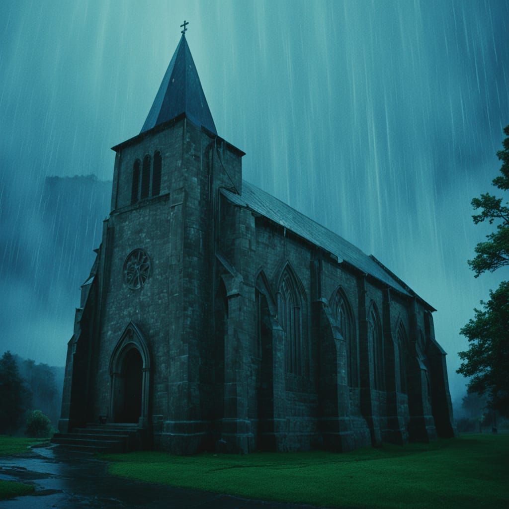 Cinematic Rainstorm at Gothic Church: Film Still