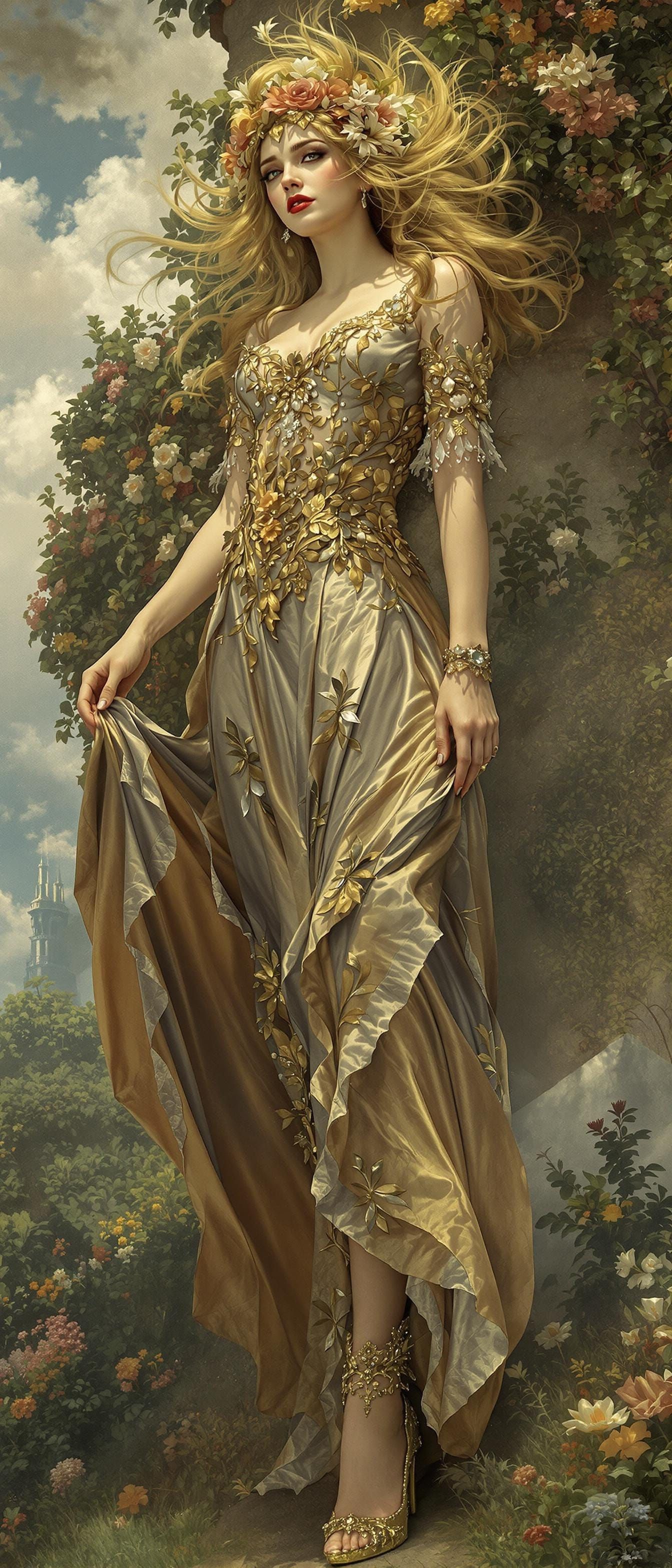 Goddess in Lush Landscape: A Hyperrealistic Pre-Raphaelite V...