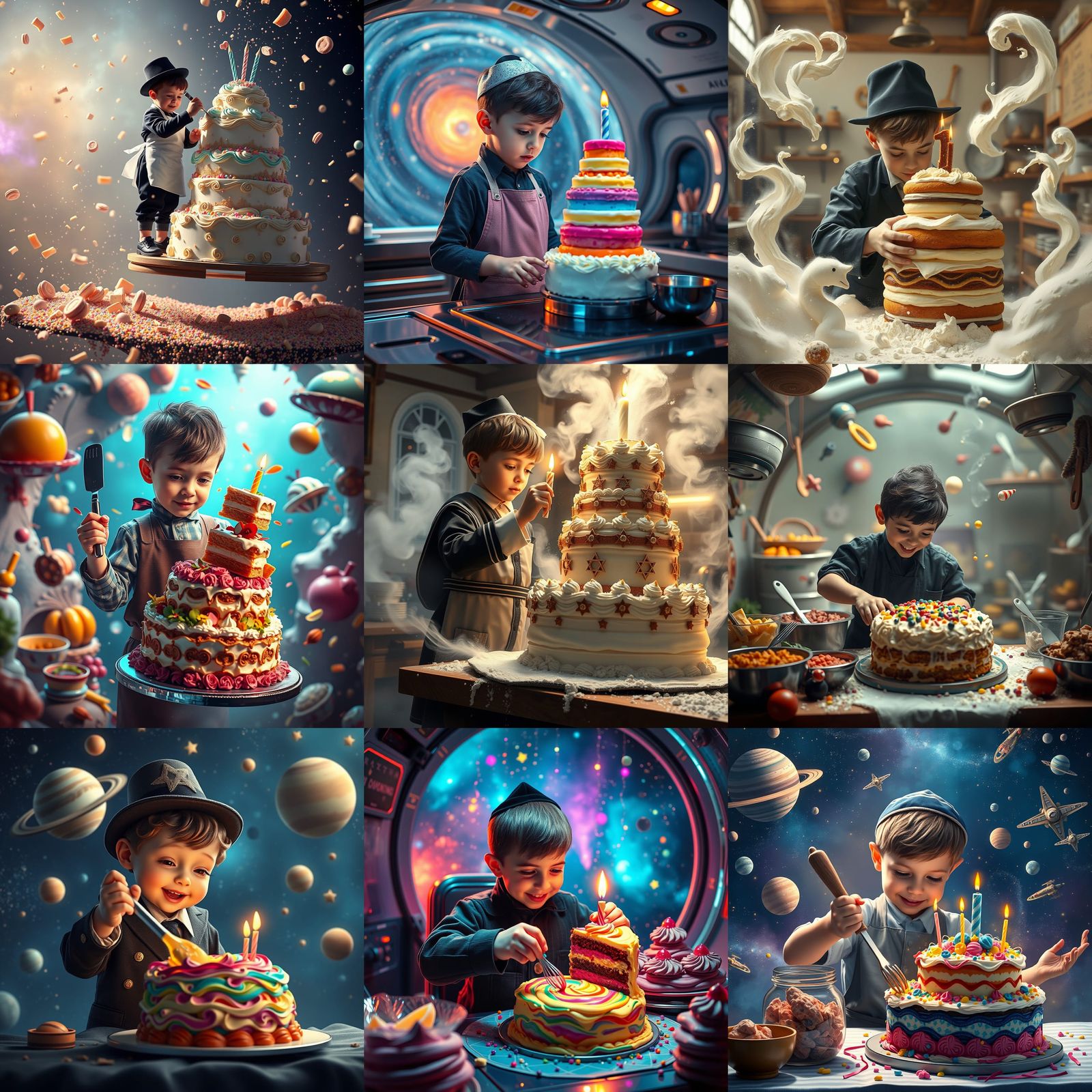 Jewish Boy Baking Birthday Cake in Space