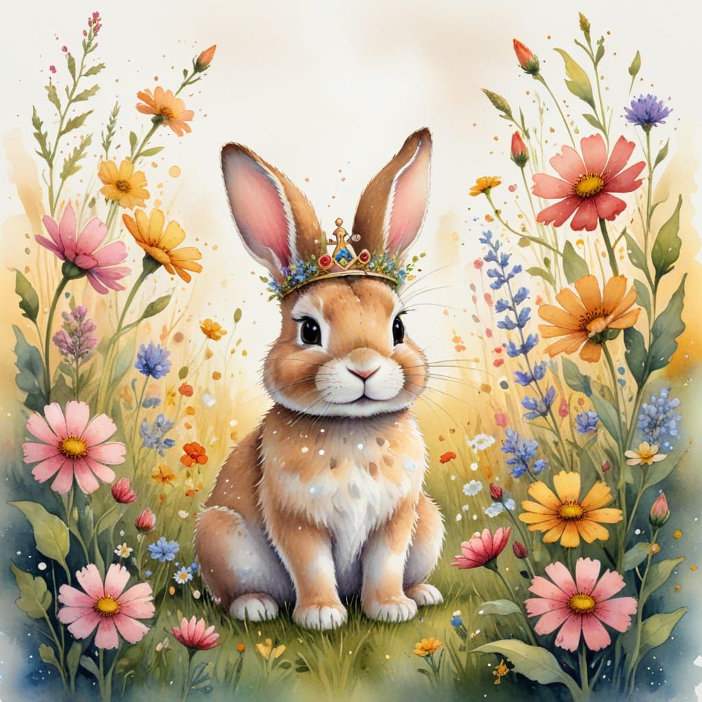 Whimsical Bunny in Wildflower Crown: Storybook Art