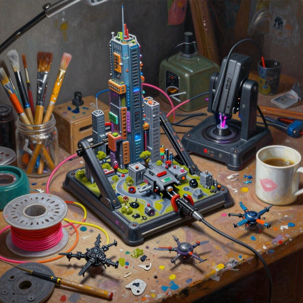 Cyberpunk Workbench with Miniature City Models