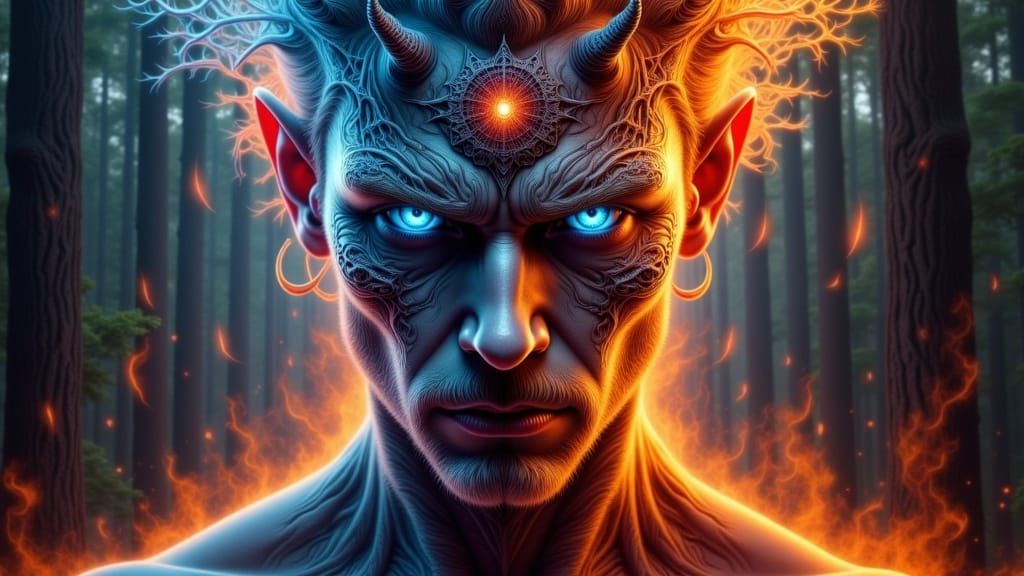 Fractal Faced Man in Sinister Forest Dreamscape