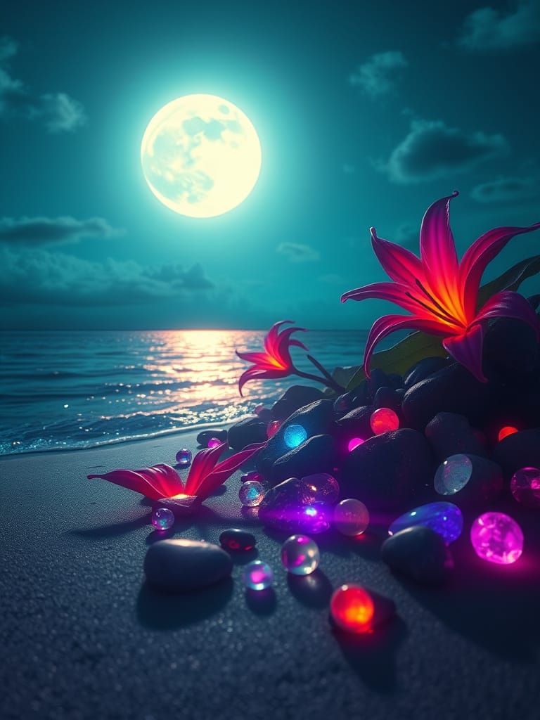 Bioluminescent Stones on Moonlit Beach in Futuristic Style