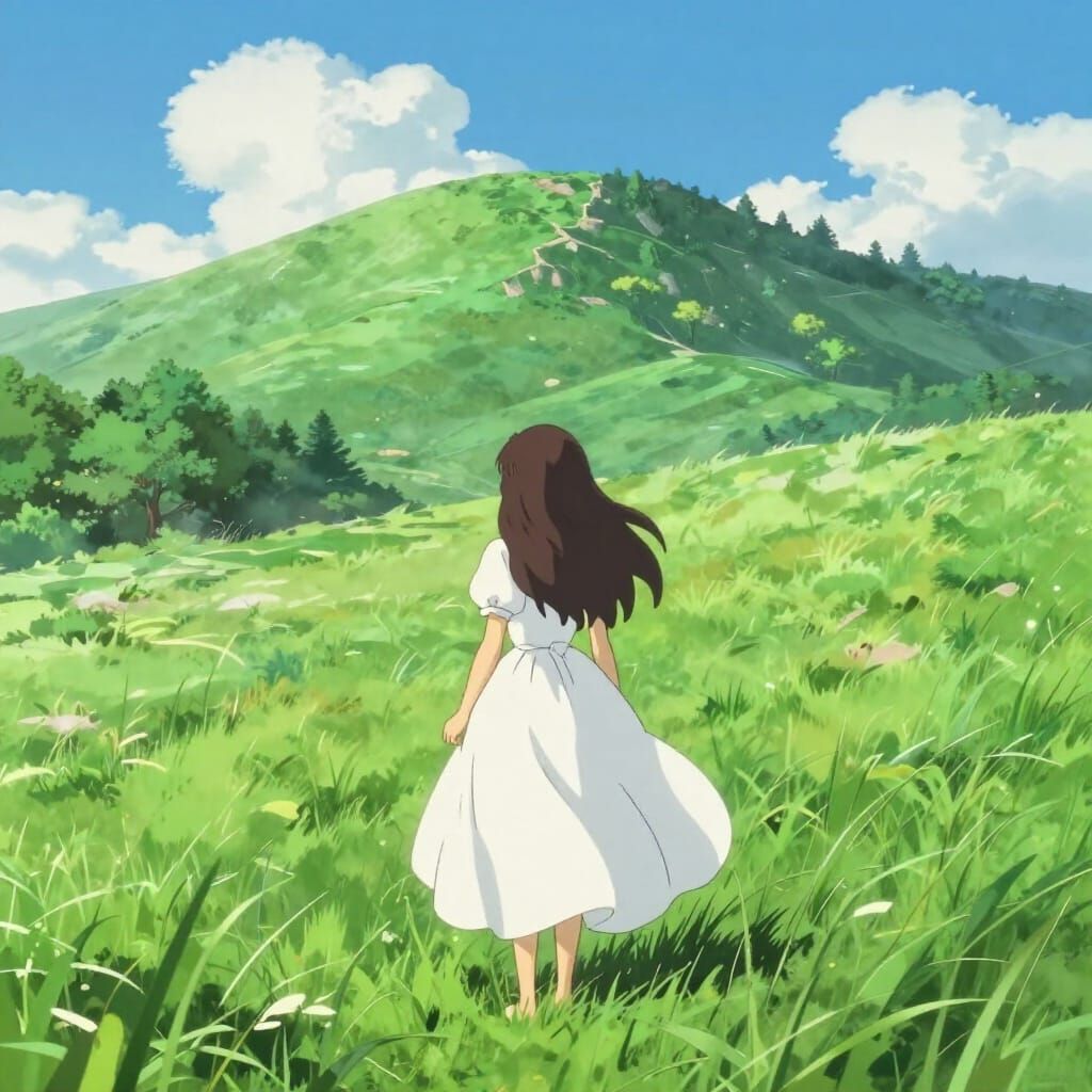 Dreamy Anime Girl in Flowing Gown at Mountain Base