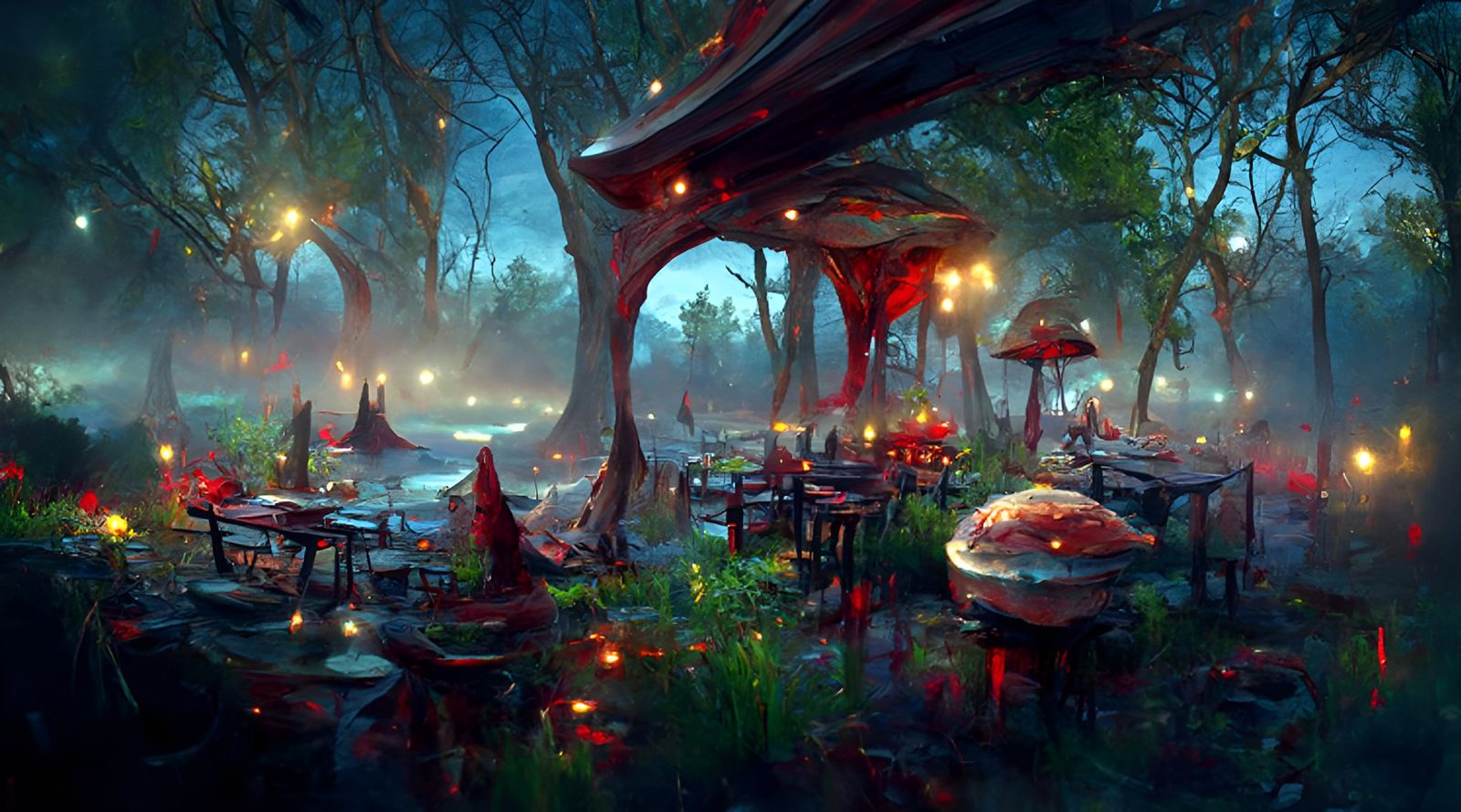 Misty Swamp Cafe with Fantasy Landscape Art