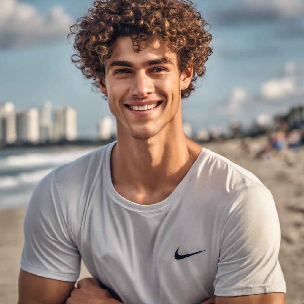 Hyperrealistic Handsome Man on Beach with Curly Hair
