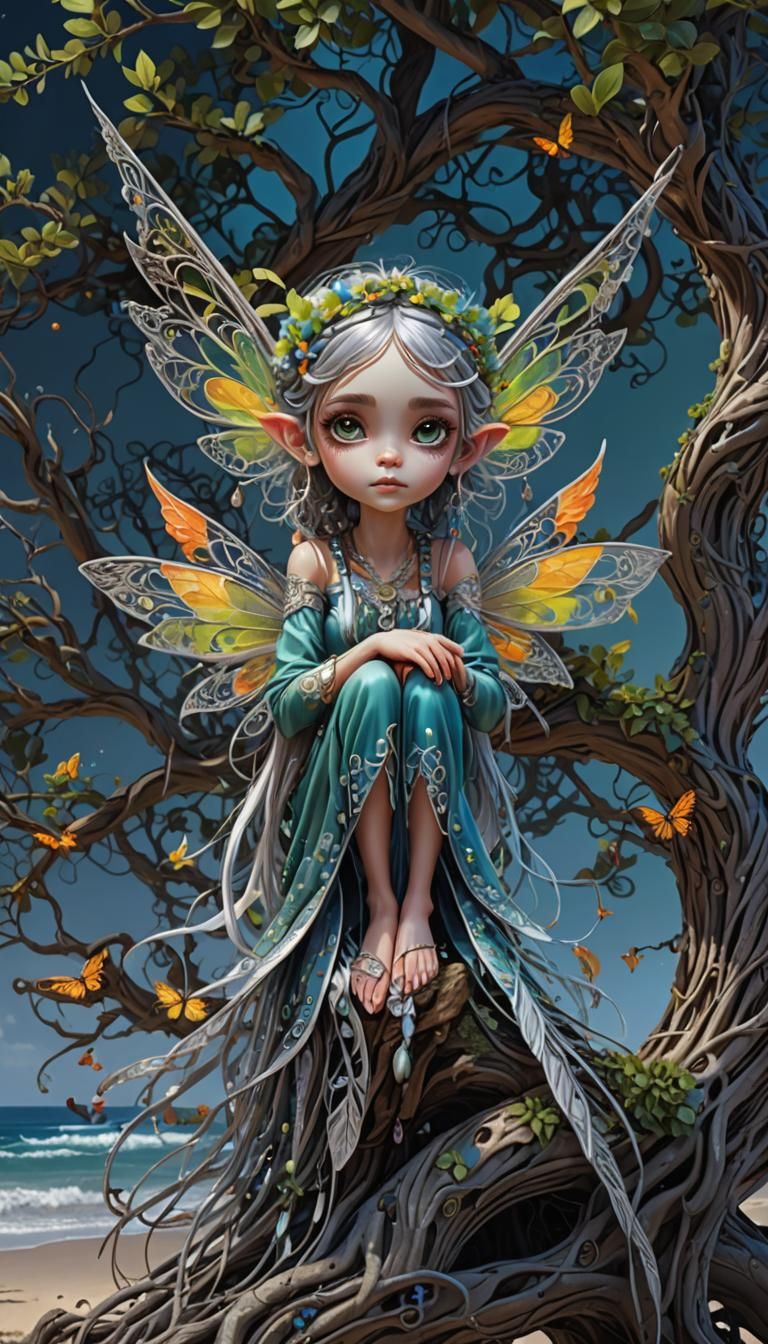 Pixie Girl in Mystical Tree Digital Art