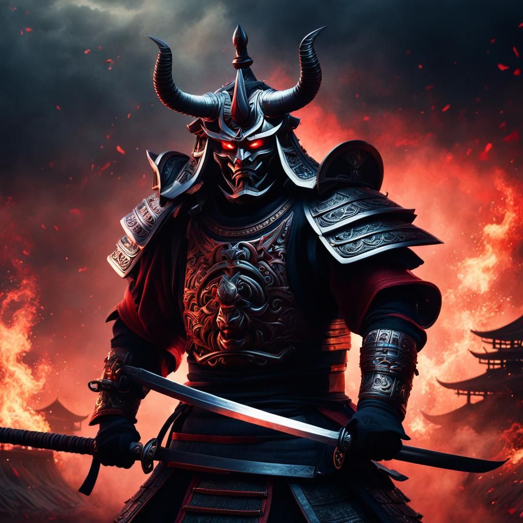 Epic Oni Mask Samurai Battle Scene