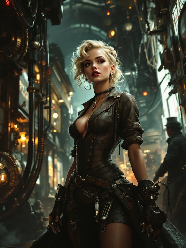 Pin-Up Girl in Moody Industrial Sci-Fi Landscape