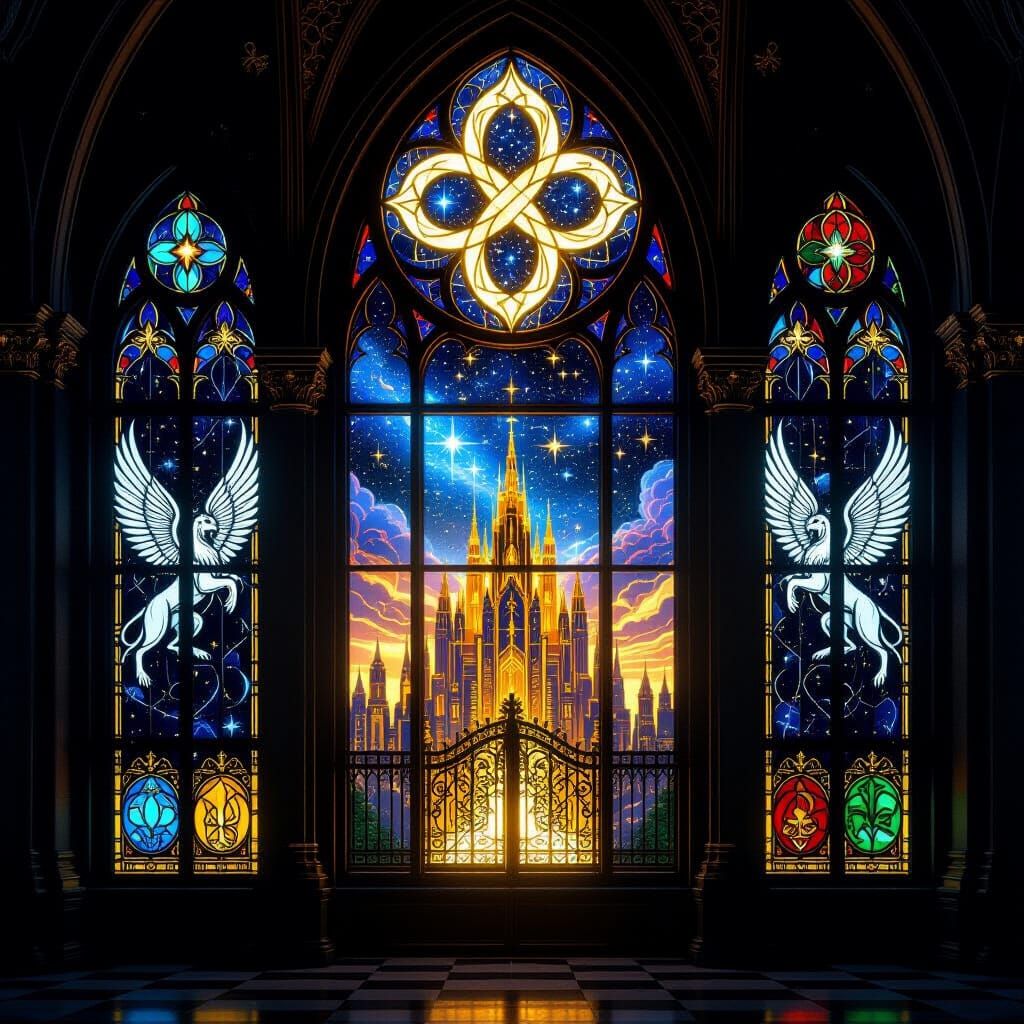 Radiant Magical City in Gothic Stained Glass Art