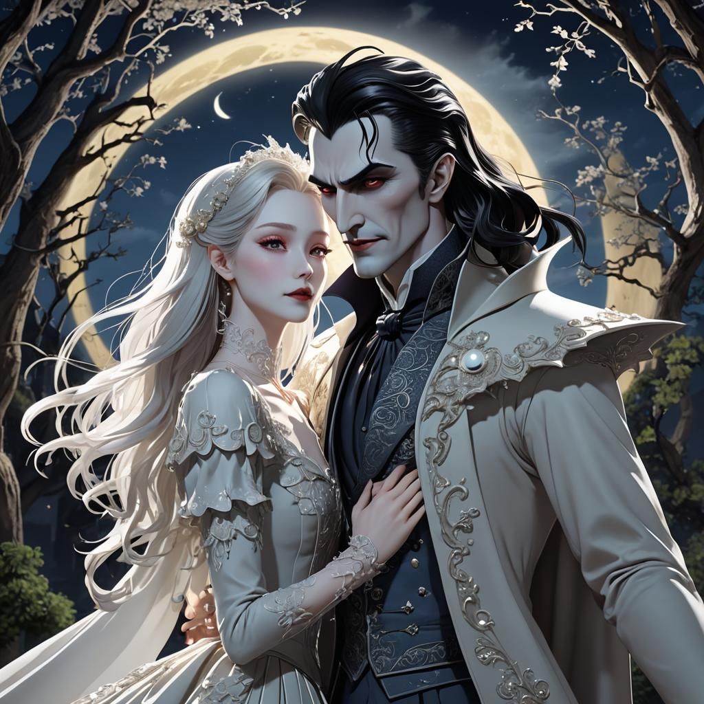 Dracula Dances with Wife in Moonlight: Anime 3D Portrait