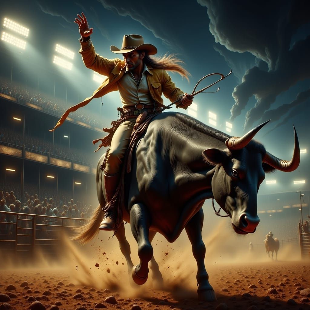 Cowboy Riding Aggressive Bull in a Texas Rodeo Arena