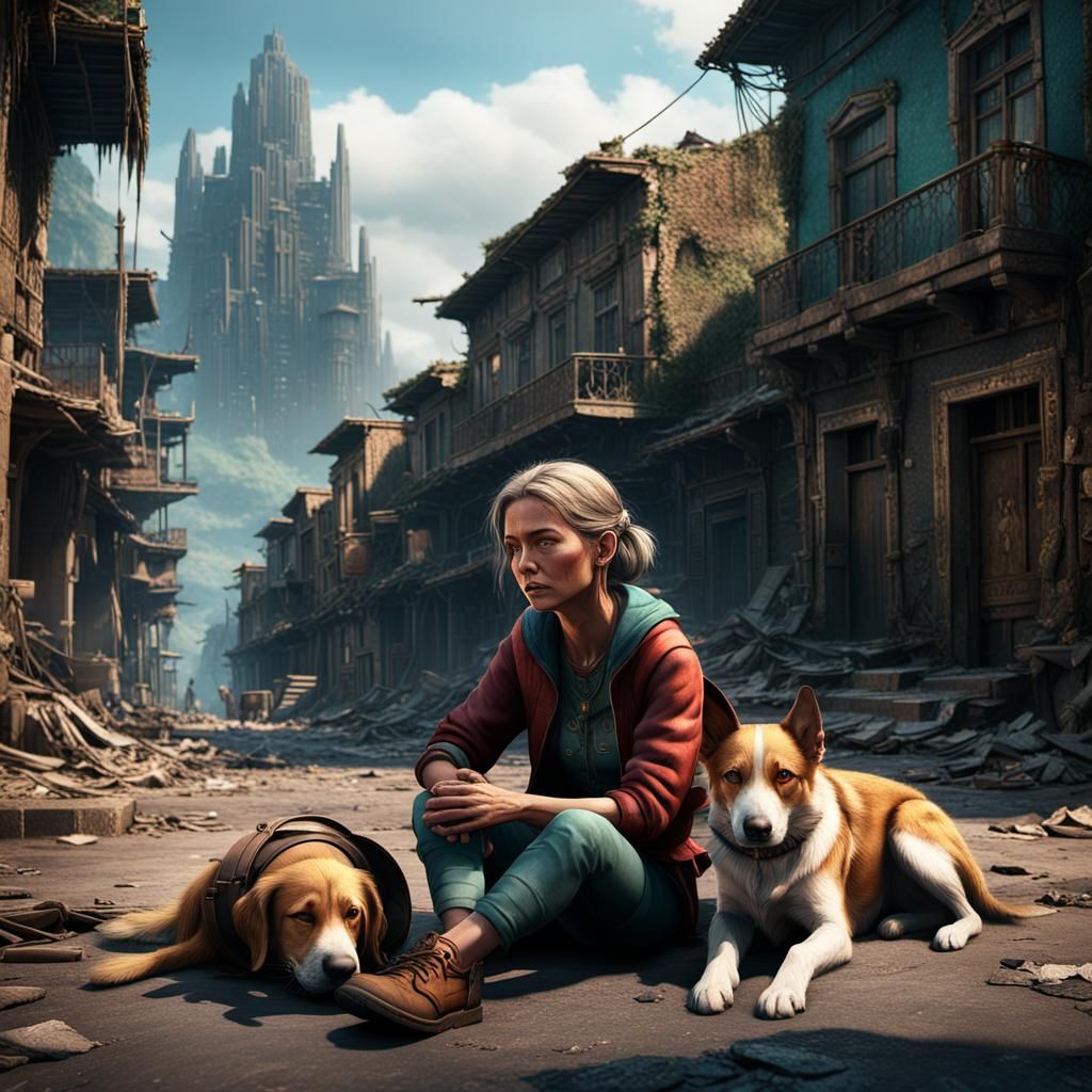 Crying Woman with Dog in Abandoned City