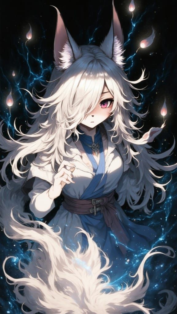 Anime Lynx Witch Conjuring Fire, Expressionist Watercolor Ar...