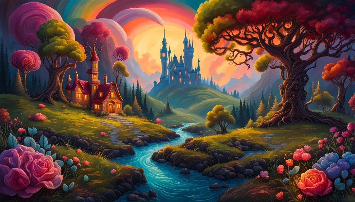 Dreamlike Fairytale Landscape in Gouache Style