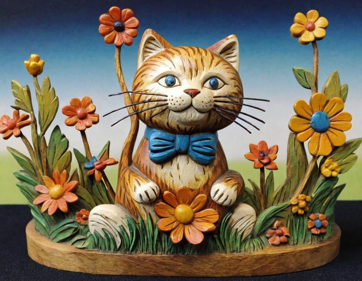 Realistic Cat Wood Carving Sculpture