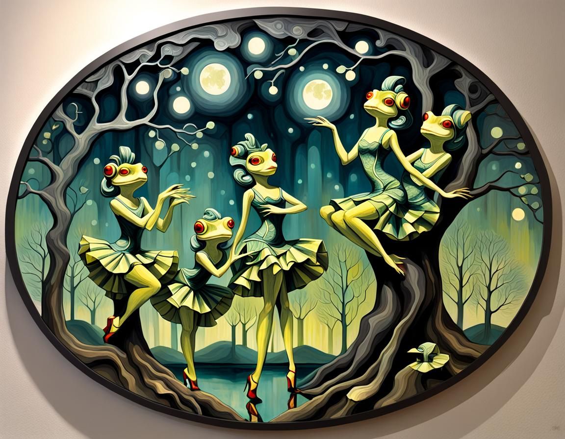 Surreal Cubist Dancers Catch Frogs in Moonlight